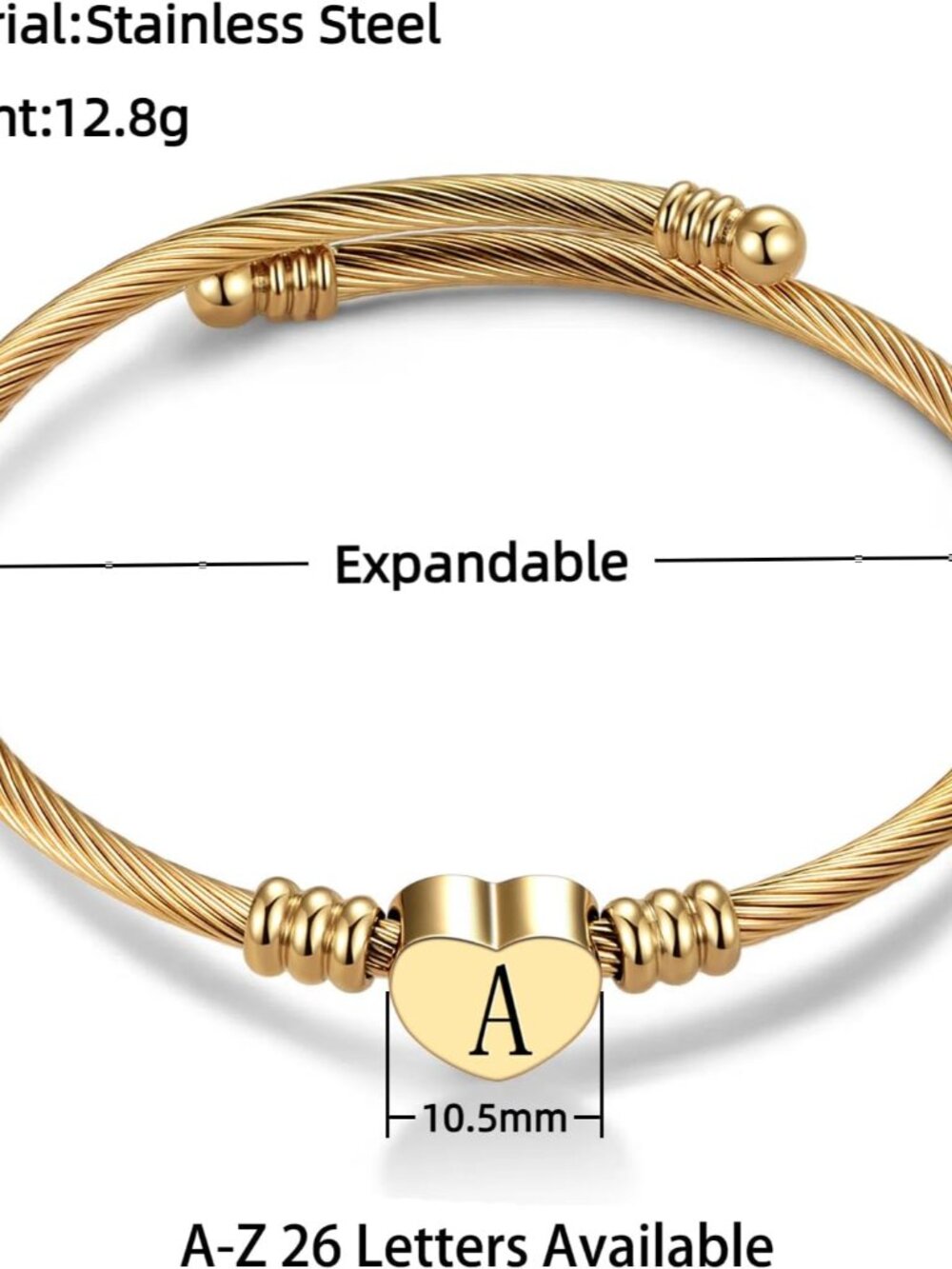Women Gold Plated Heart Initial A-Z Letter Cuff Bracelets Expandable Stainless S - Picture 2 of 7